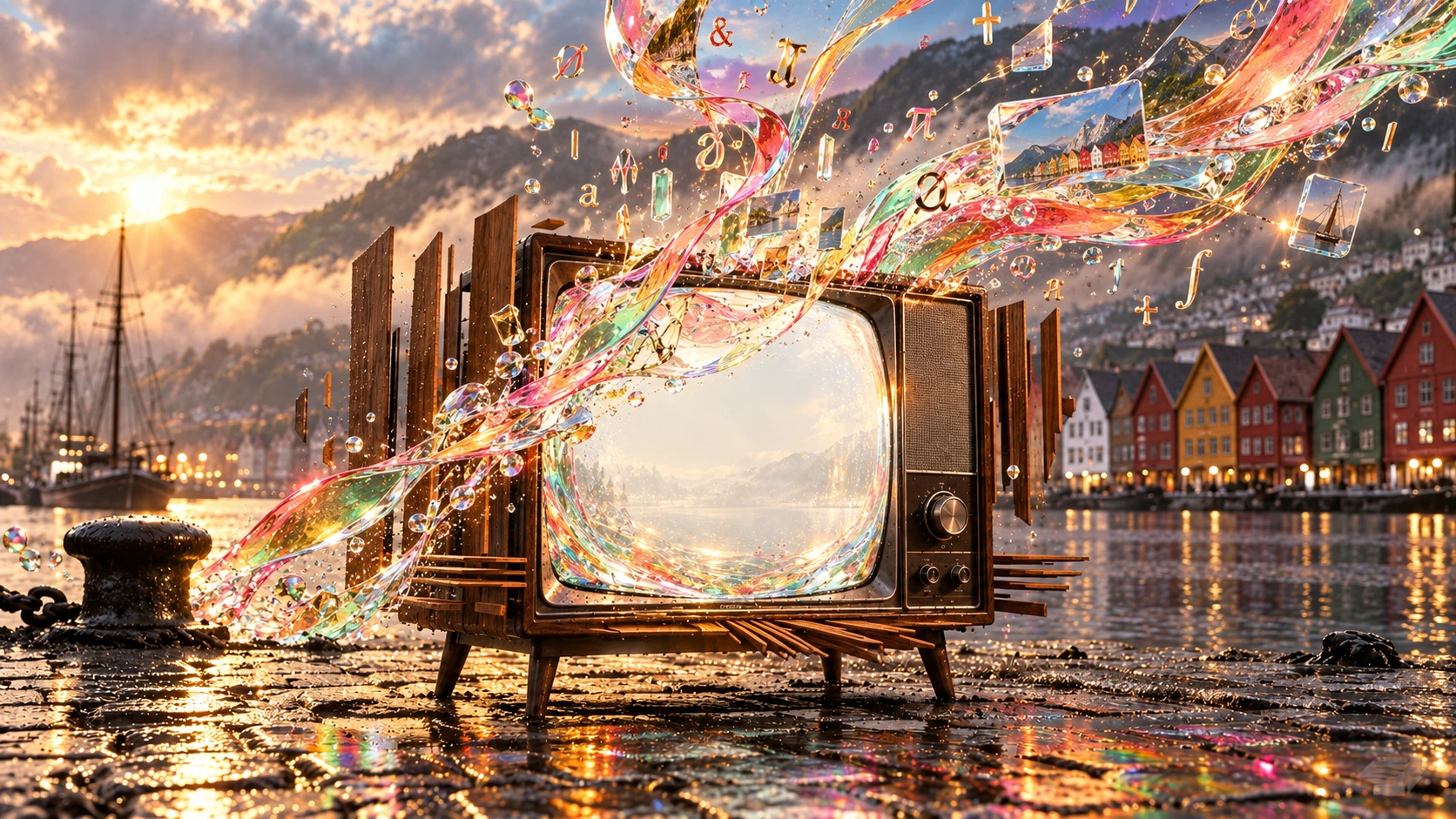 The television unfolding into colored glass and letters