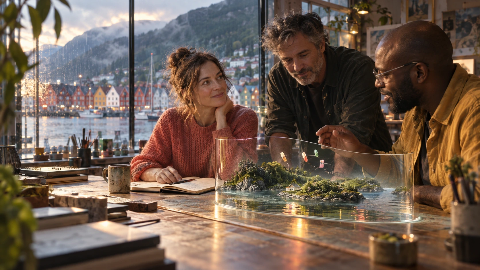People sharing a miniature world in a Bergen workshop