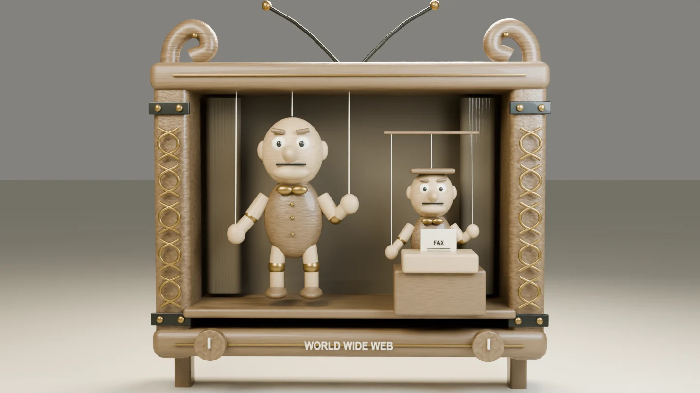 Carved wooden television and marionettes